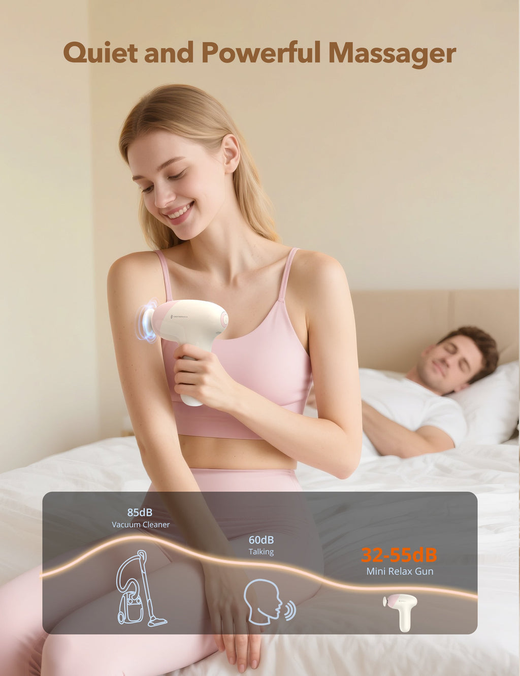 Massage Gun, Deep Tissue Percussion Muscle Massager Handheld Cordless Back Massager with 5 Speeds and 4 Heads(Pink) wm