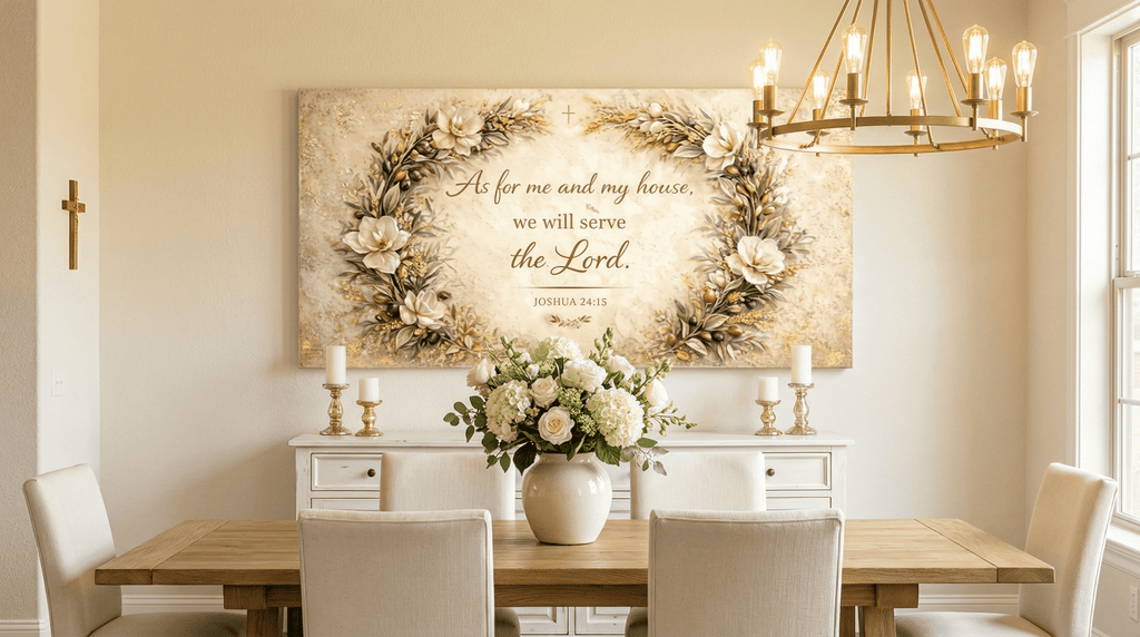 As For Me And My House Wall Art - 3D White Magnolia Scripture Canvas with Gold Leaf