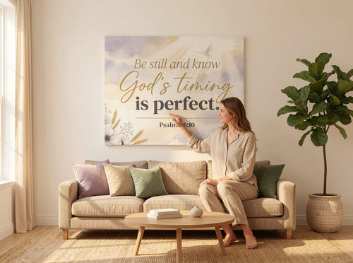 Be Still and Know God’s Timing is Perfect Wall Art – Psalm 46:10 Christian Canvas Print, Faith Encouragement Wall Decor
