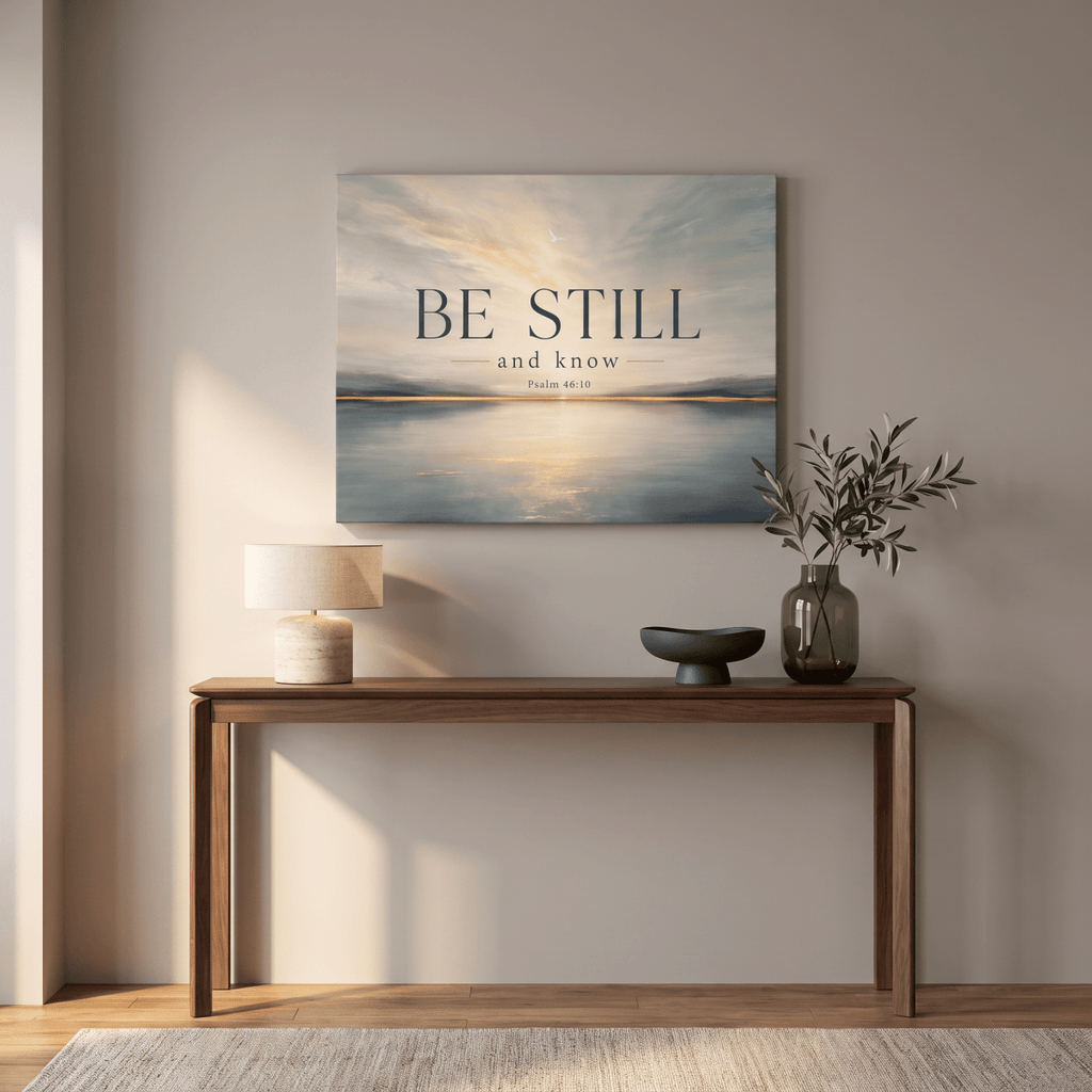 Be Still And Know Wall Art – Psalm 46:10 Christian Canvas, Modern Golden Lake Landscape in Soft Blue & Cream