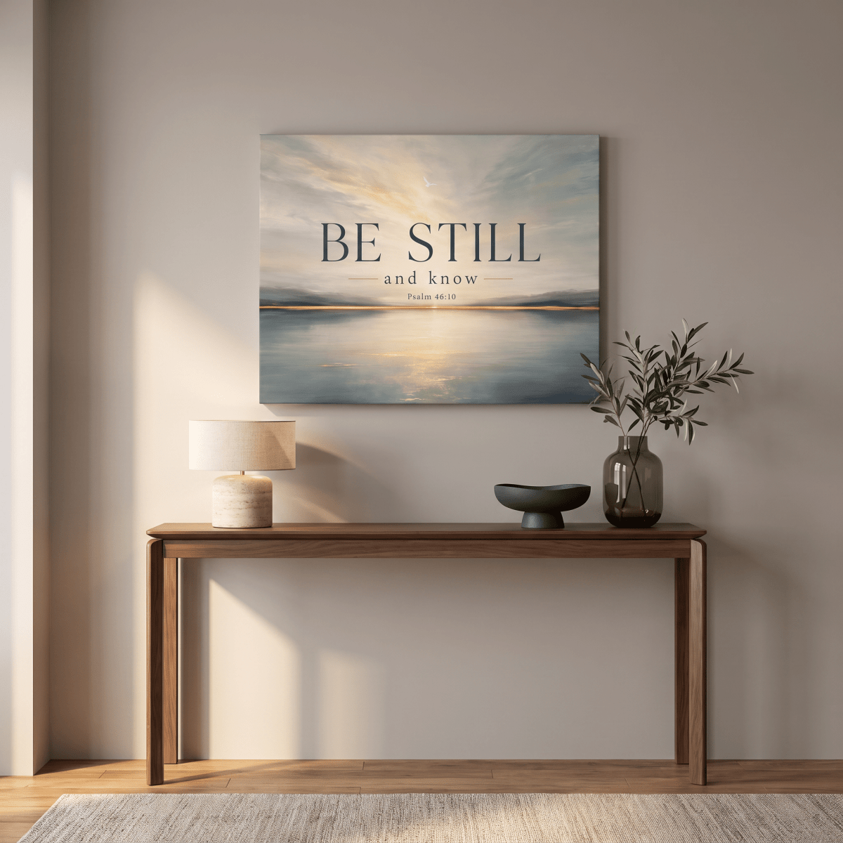 Be Still And Know Wall Art – Psalm 46:10 Christian Canvas, Modern Golden Lake Landscape in Soft Blue & Cream