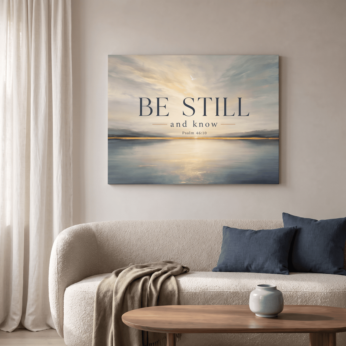Be Still And Know Wall Art – Psalm 46:10 Christian Canvas, Modern Golden Lake Landscape in Soft Blue & Cream