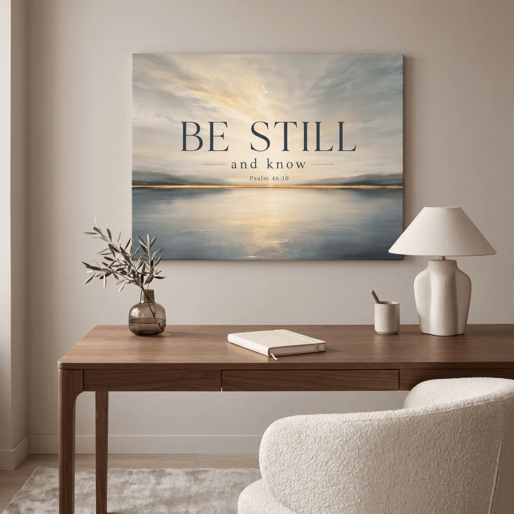 Be Still And Know Wall Art – Psalm 46:10 Christian Canvas, Modern Golden Lake Landscape in Soft Blue & Cream
