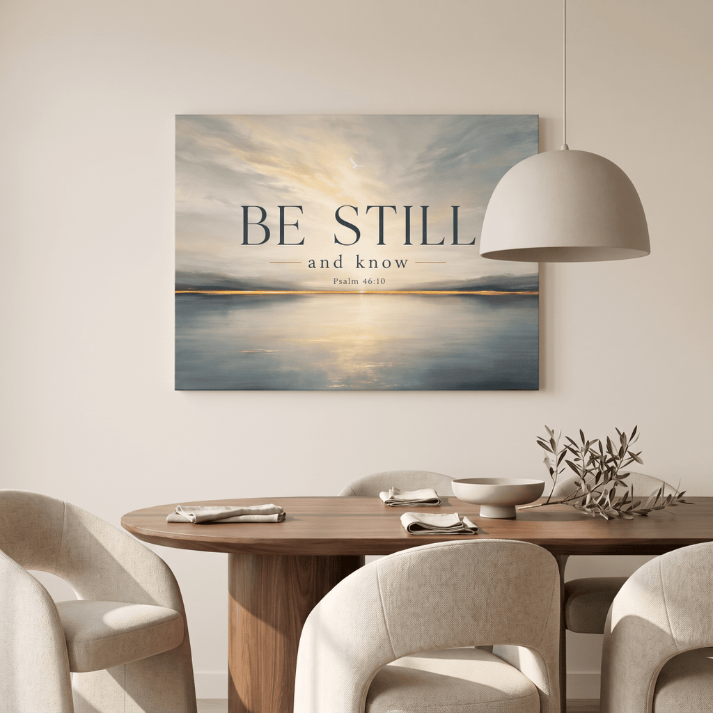 Be Still And Know Wall Art – Psalm 46:10 Christian Canvas, Modern Golden Lake Landscape in Soft Blue & Cream