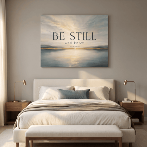 Be Still And Know Wall Art – Psalm 46:10 Christian Canvas, Modern Golden Lake Landscape in Soft Blue & Cream