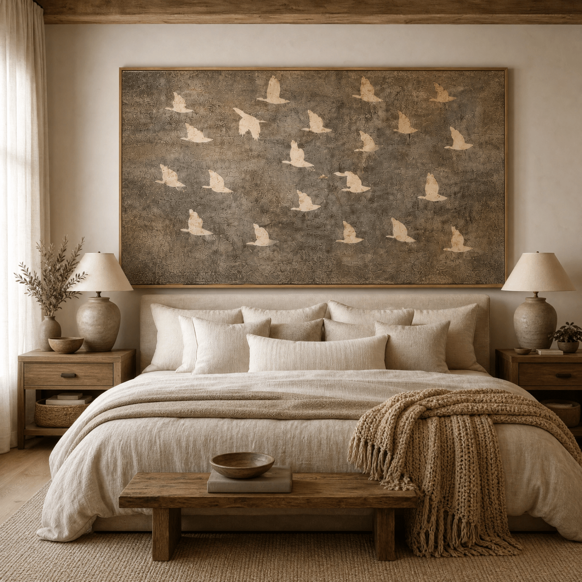 Birds in Flight Wall Art | Neutral Taupe & Cream Statement Piece | Contemporary Nature Art