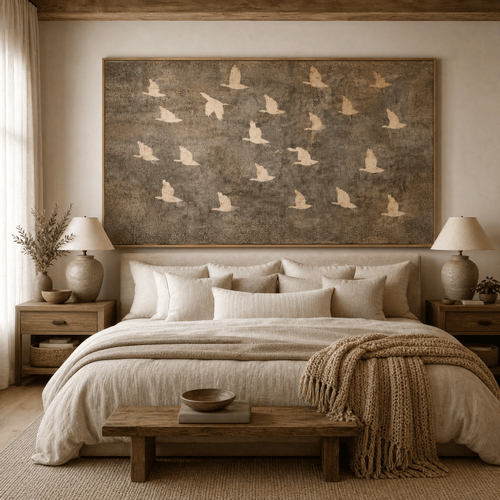 Birds in Flight Wall Art | Neutral Taupe & Cream Statement Piece | Contemporary Nature Art