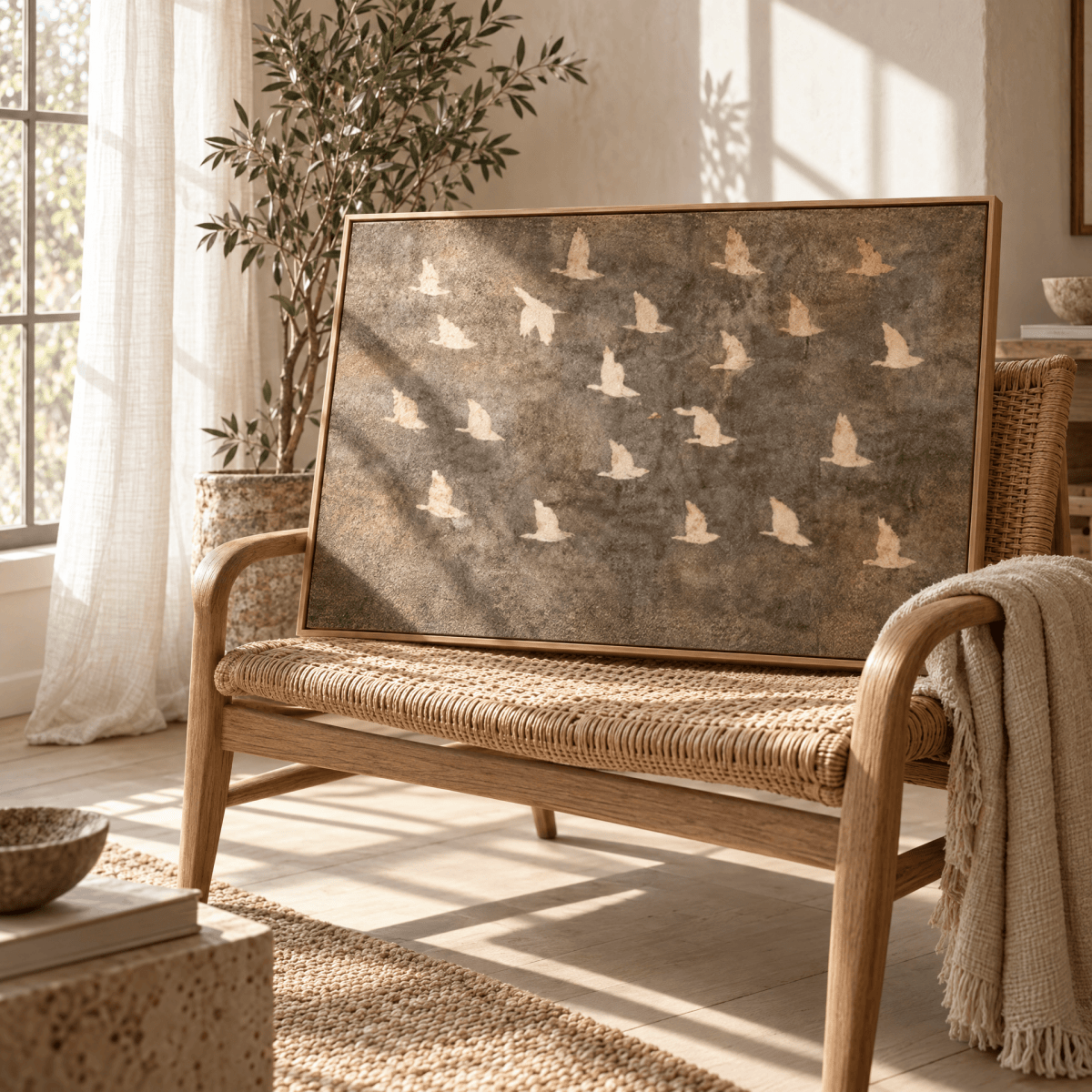 Birds in Flight Wall Art | Neutral Taupe & Cream Statement Piece | Contemporary Nature Art