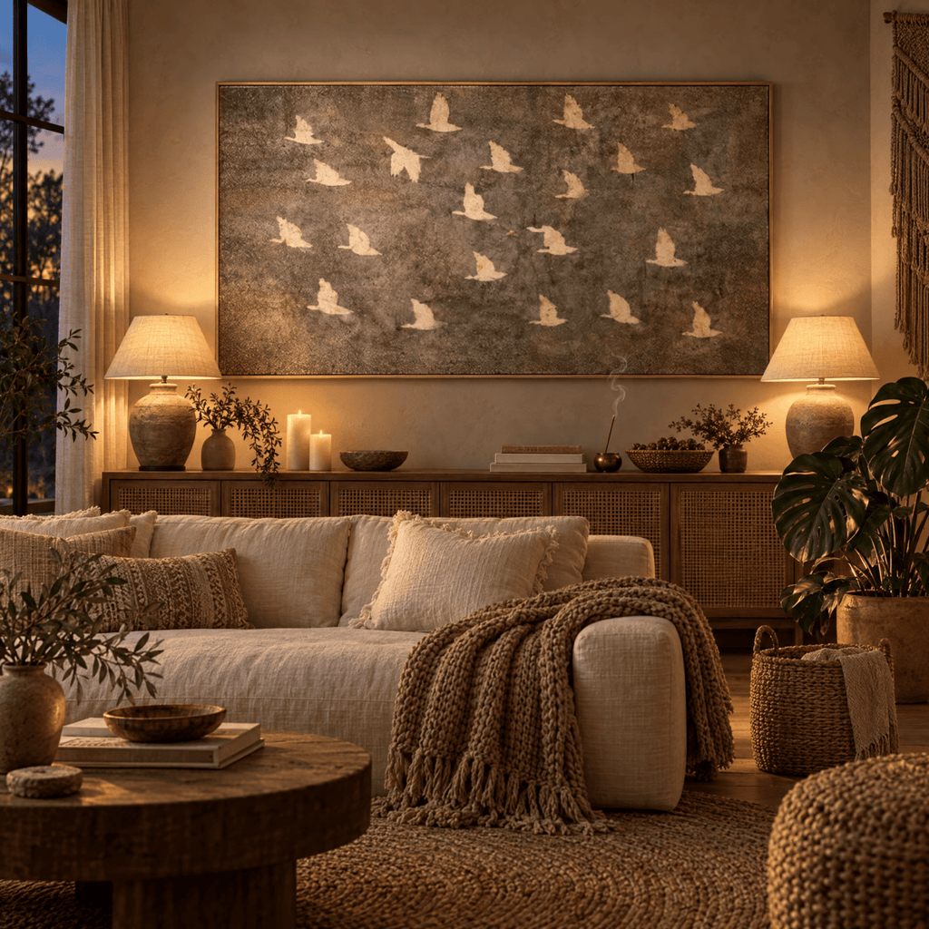 Birds in Flight Wall Art | Neutral Taupe & Cream Statement Piece | Contemporary Nature Art