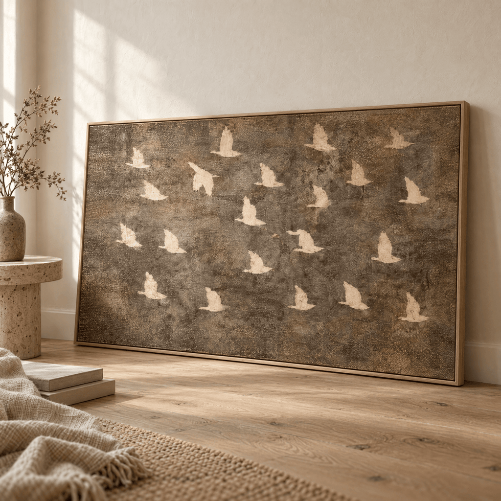 Birds in Flight Wall Art | Neutral Taupe & Cream Statement Piece | Contemporary Nature Art