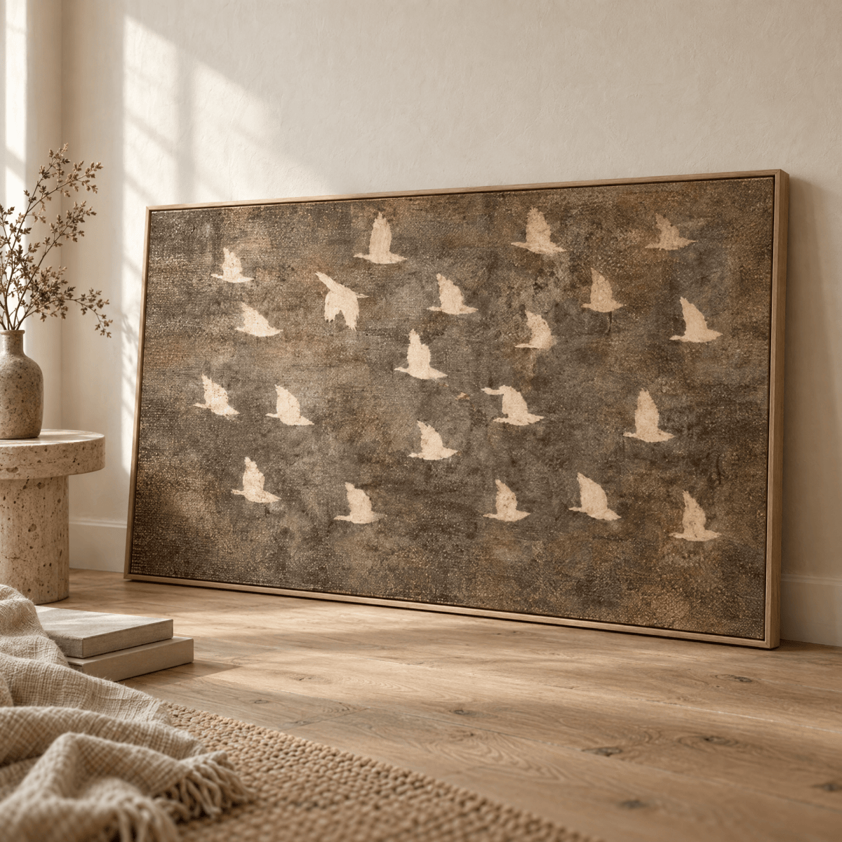 Birds in Flight Wall Art | Neutral Taupe & Cream Statement Piece | Contemporary Nature Art