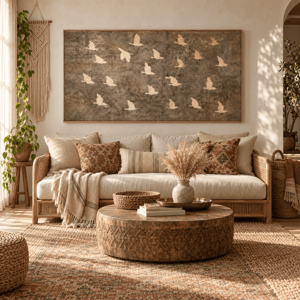 Birds in Flight Wall Art | Neutral Taupe & Cream Statement Piece | Contemporary Nature Art
