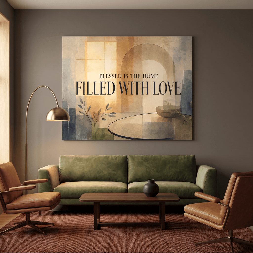 Blessed Is The Home Filled With Love Wall Art – Modern Abstract Canvas in Warm Neutral Cream & Gold