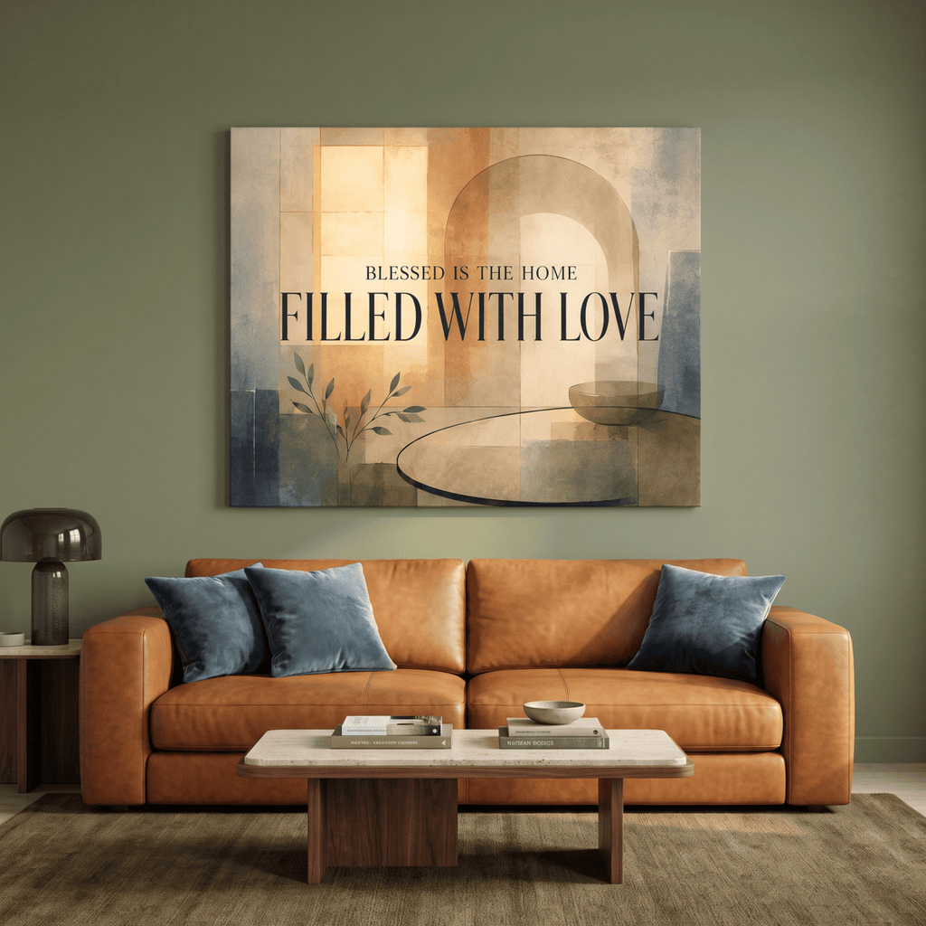 Blessed Is The Home Filled With Love Wall Art – Modern Abstract Canvas in Warm Neutral Cream & Gold