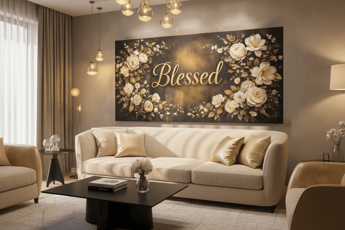 Blessed Midnight Floral Wall Art - Gold & Ivory Rose Canvas with Dramatic Black Backdrop