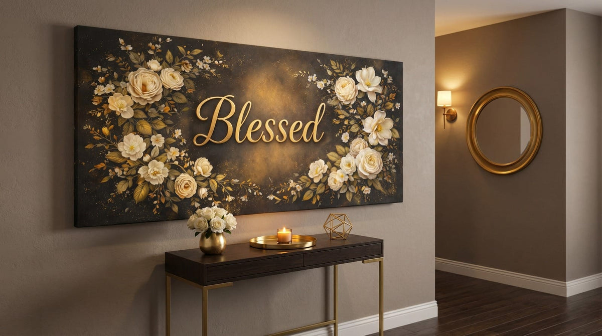 Blessed Midnight Floral Wall Art - Gold & Ivory Rose Canvas with Dramatic Black Backdrop