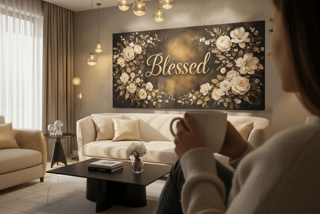 Blessed Midnight Floral Wall Art - Gold & Ivory Rose Canvas with Dramatic Black Backdrop
