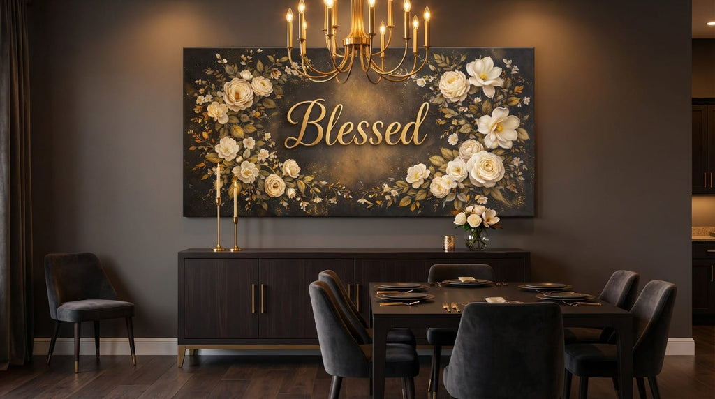 Blessed Midnight Floral Wall Art - Gold & Ivory Rose Canvas with Dramatic Black Backdrop