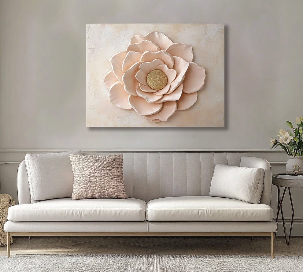 Blush Bloom Grace – Pink Flower Canvas Wall Art with Gold Center