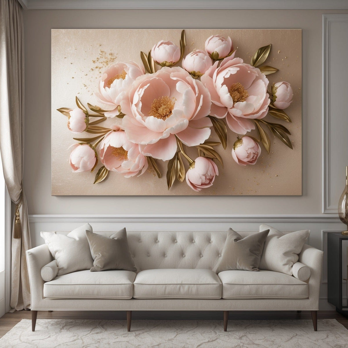Blush Pink Peony Wall Art Flat Canvas Print with Gold Leaf Accents for Elegant Home Dcor