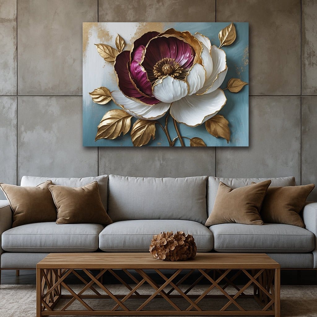 Burgundy & Ivory Peony Canvas Print Elegant Floral Wall Art
