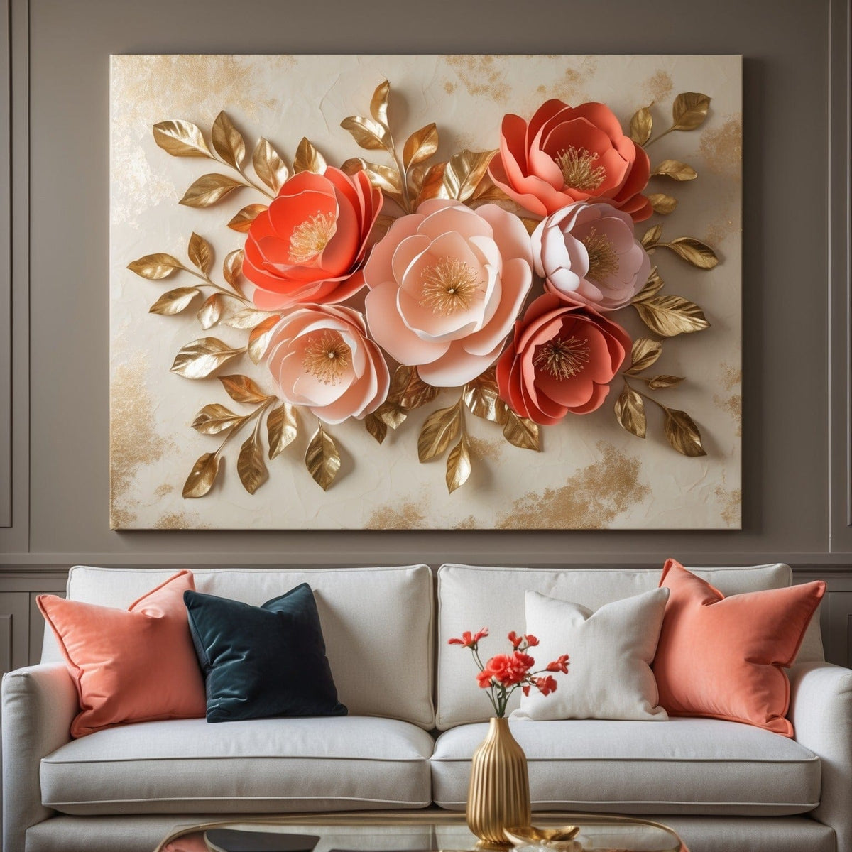 Coral and Gold Floral Wall Art Flat Printed Canvas for Elegant Living Room Dcor