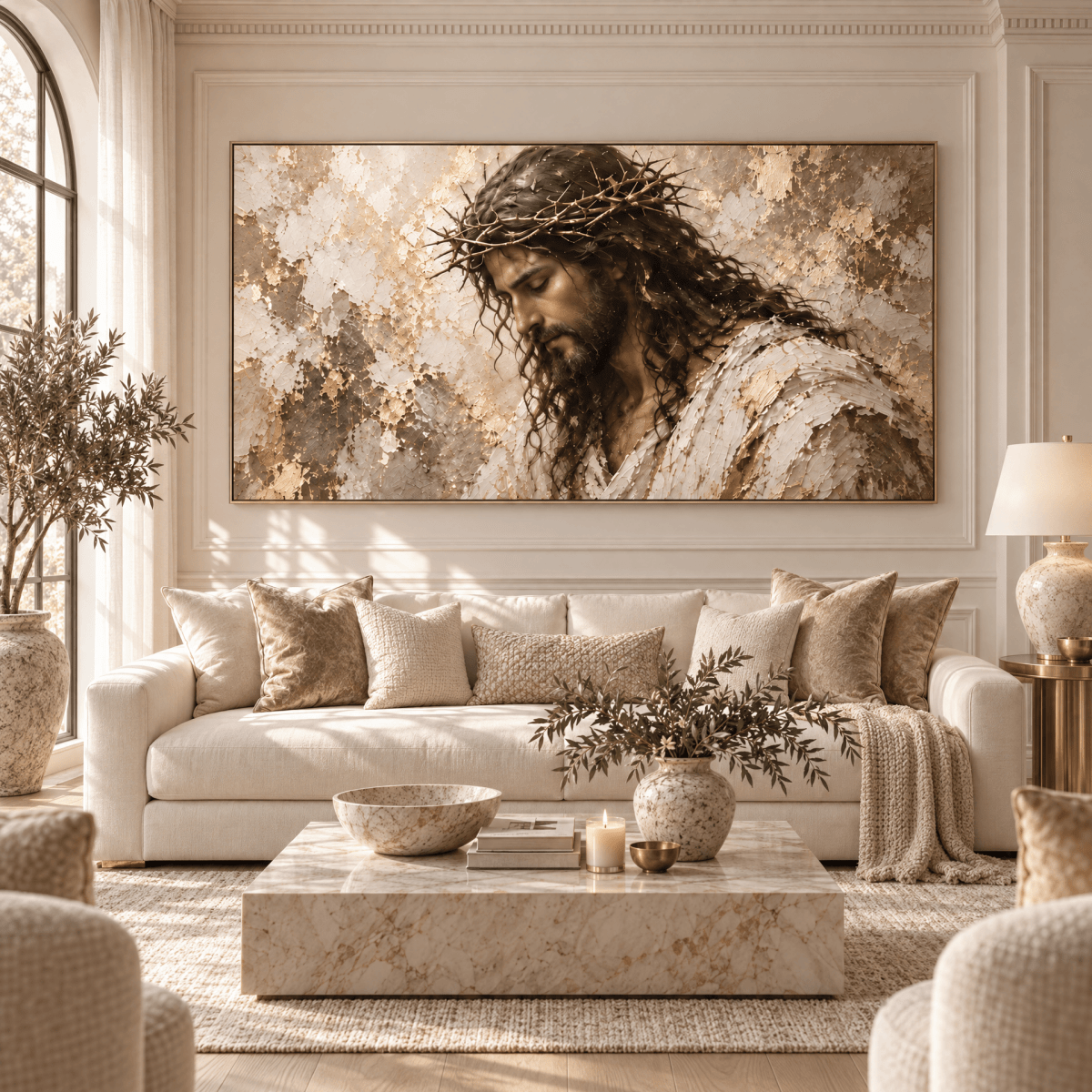 Crown of Thorns – Jesus Christ Christian Wall Art | Oversized Panoramic Canvas in Cream and Gold