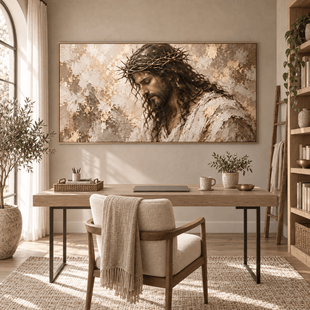 Crown of Thorns – Jesus Christ Christian Wall Art | Oversized Panoramic Canvas in Cream and Gold