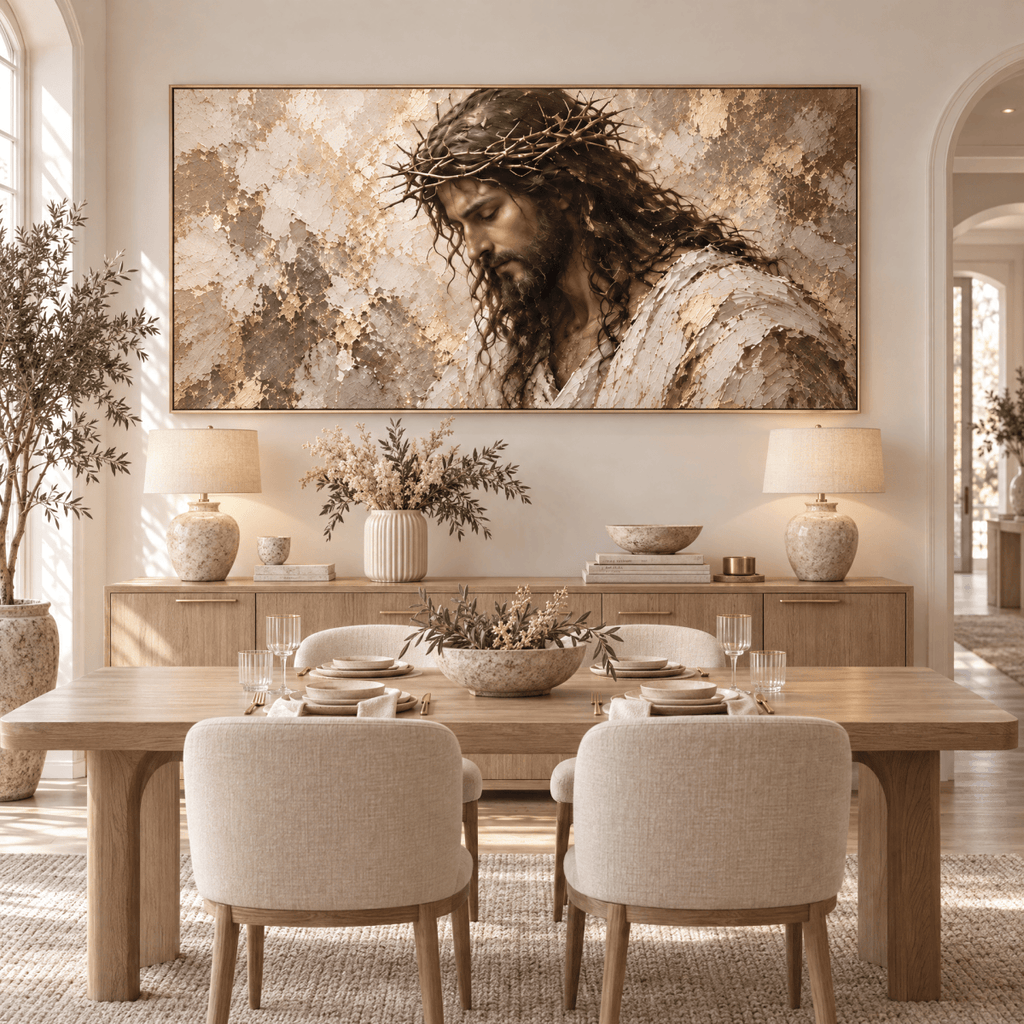 Crown of Thorns – Jesus Christ Christian Wall Art | Oversized Panoramic Canvas in Cream and Gold