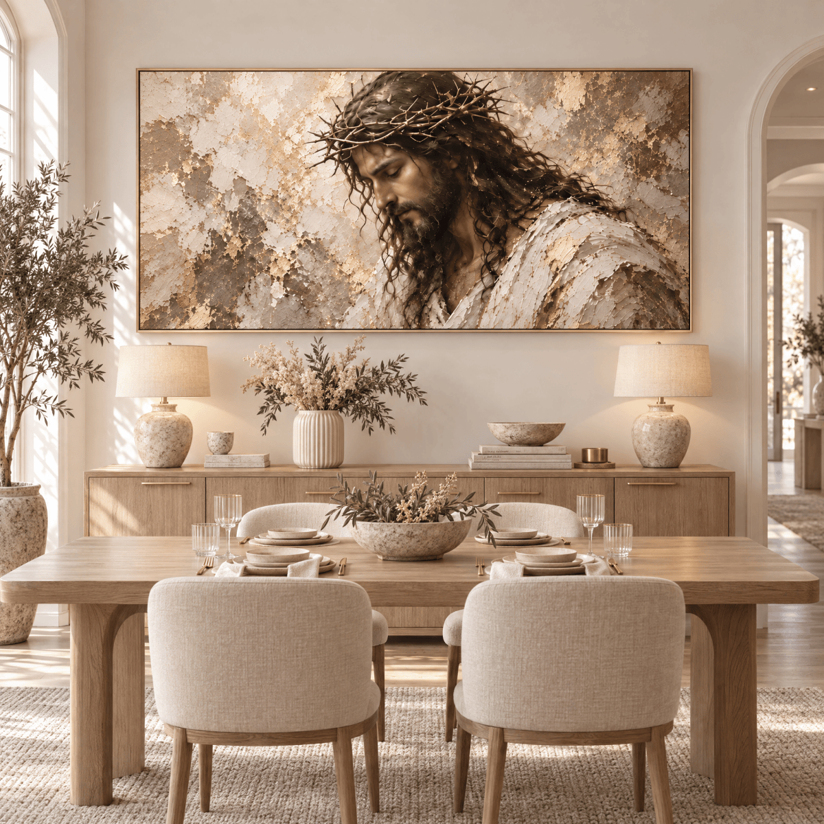 Crown of Thorns – Jesus Christ Christian Wall Art | Oversized Panoramic Canvas in Cream and Gold