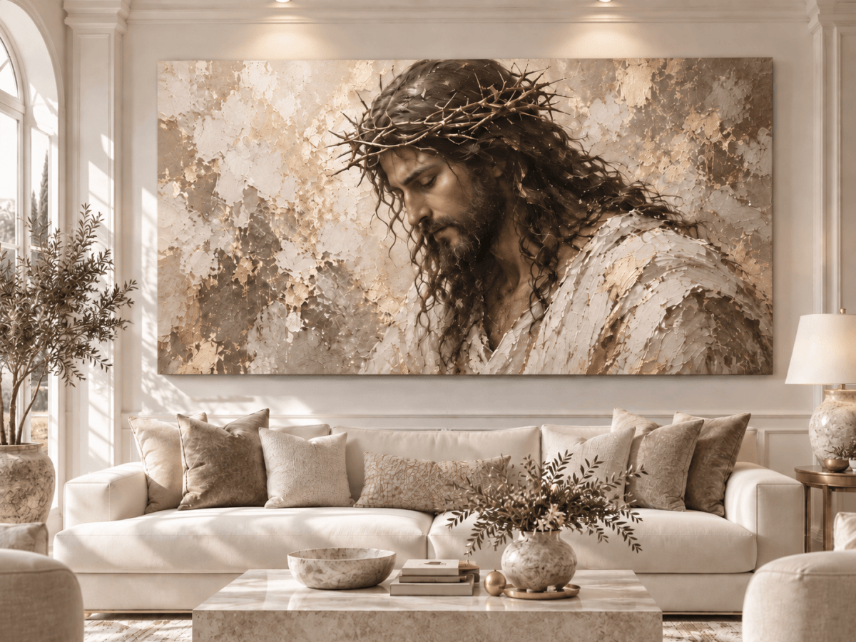 Crown of Thorns – Jesus Christ Christian Wall Art | Oversized Panoramic Canvas in Cream and Gold