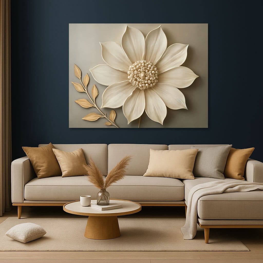 Elegant Beige Floral Wall Art Botanical Canvas Print with Golden Leaves
