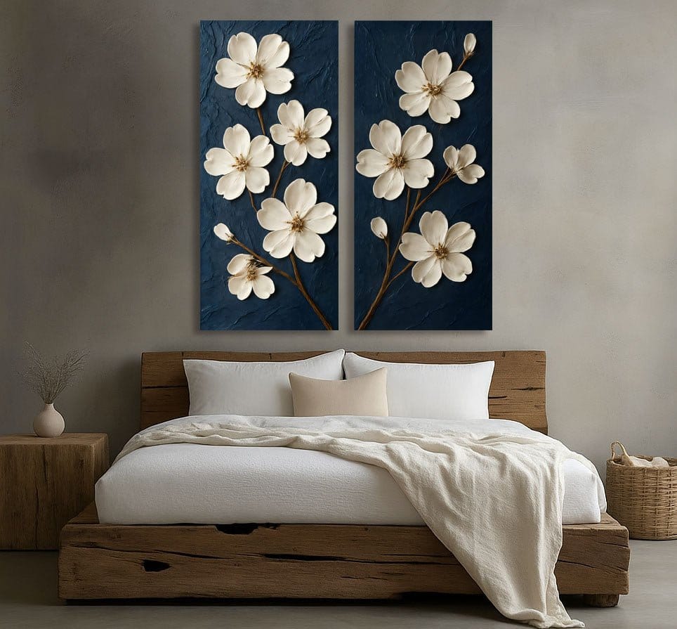 Elegant White Floral Wall Art on Navy Blue | Modern Botanical Canvas Print (2 Panel Set)