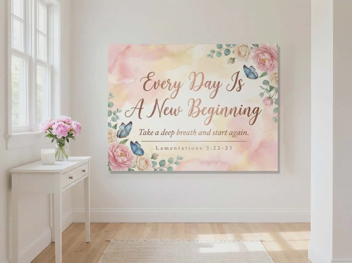 Every Day Is A New Beginning Wall Art – Lamentations 3:22-23 Christian Canvas Print, Inspirational Faith Decor for New Beginnings