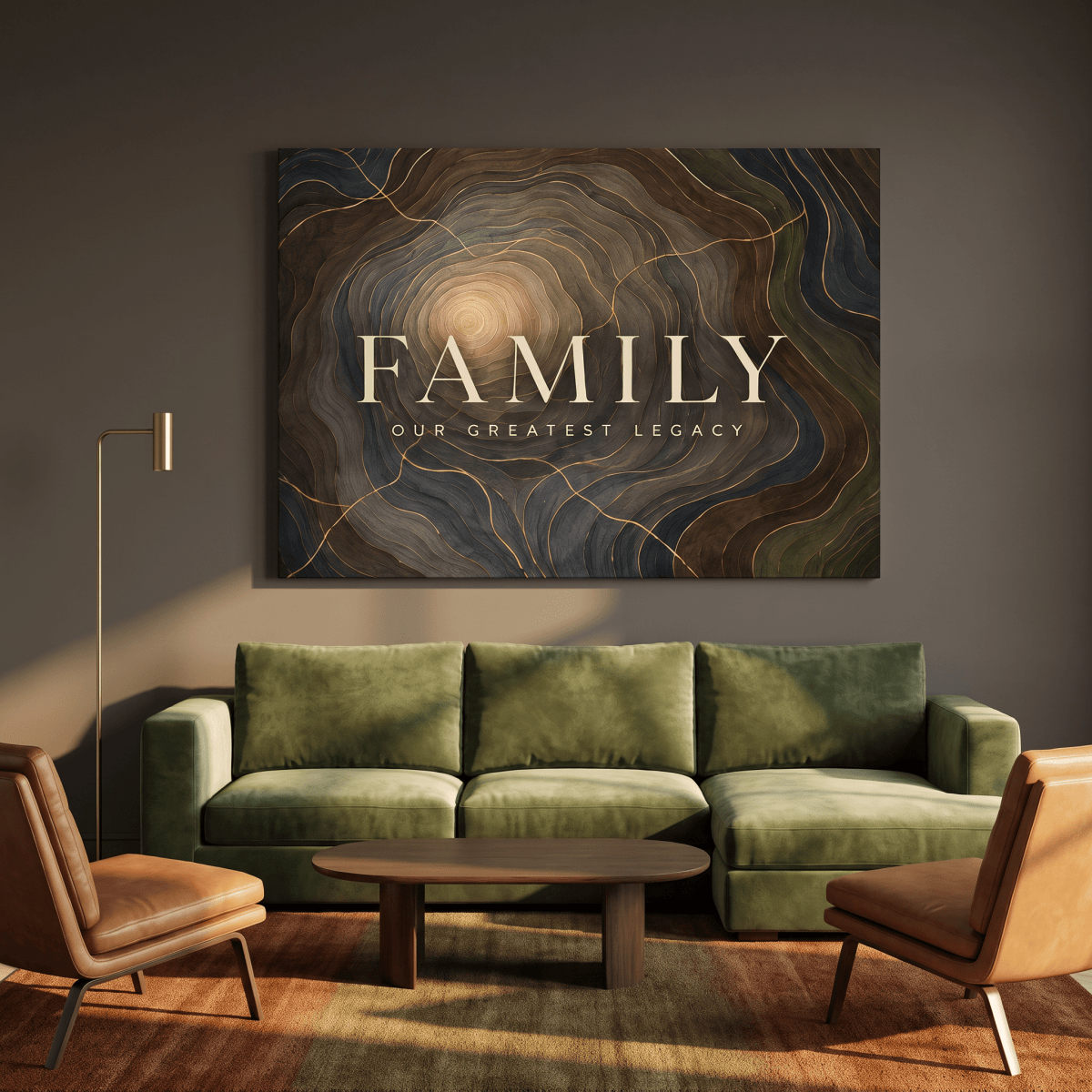 Family Our Greatest Legacy Wall Art – Modern Abstract Tree Ring Canvas in Gold, Navy & Charcoal