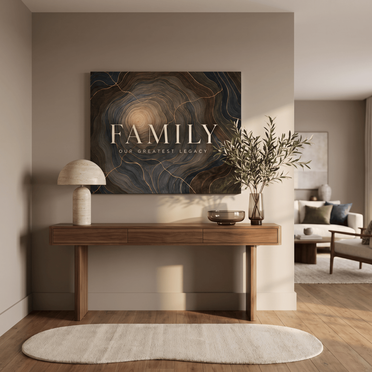 Family Our Greatest Legacy Wall Art – Modern Abstract Tree Ring Canvas in Gold, Navy & Charcoal