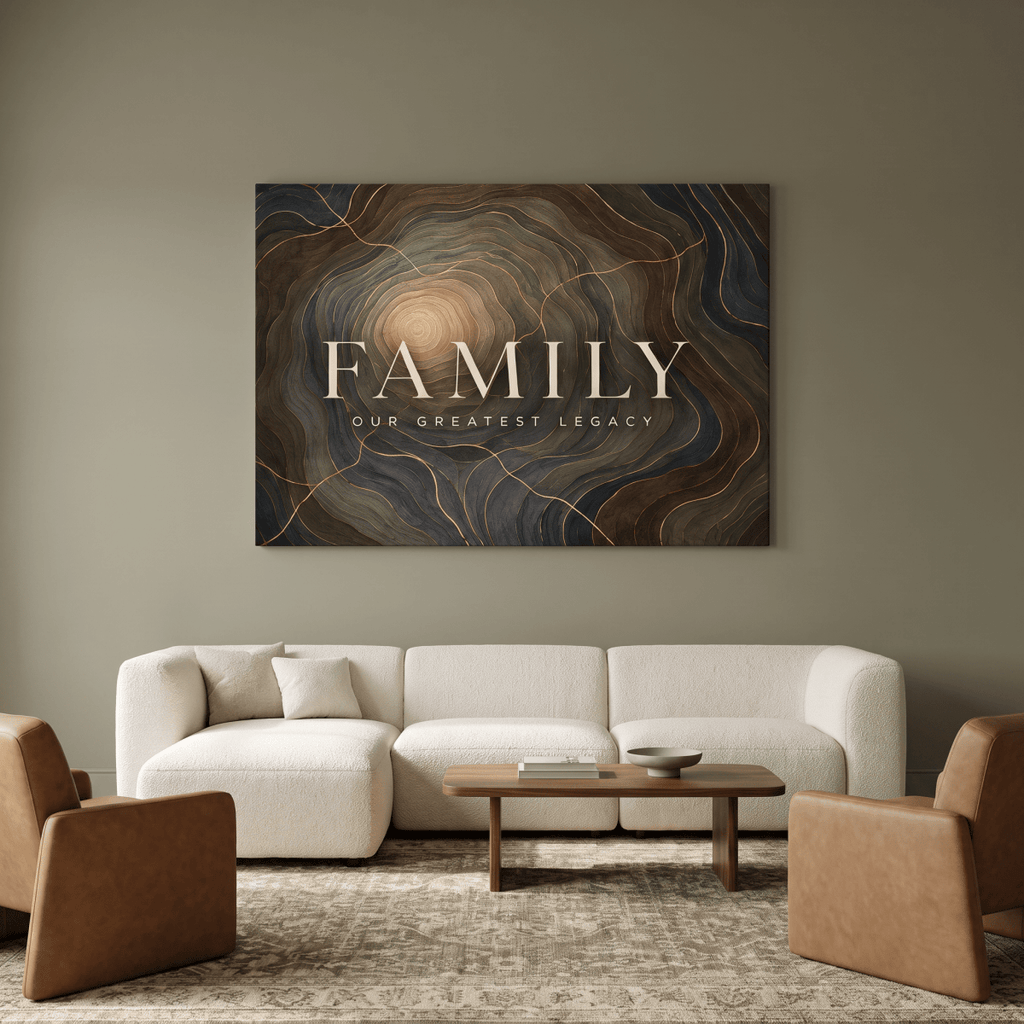 Family Our Greatest Legacy Wall Art – Modern Abstract Tree Ring Canvas in Gold, Navy & Charcoal