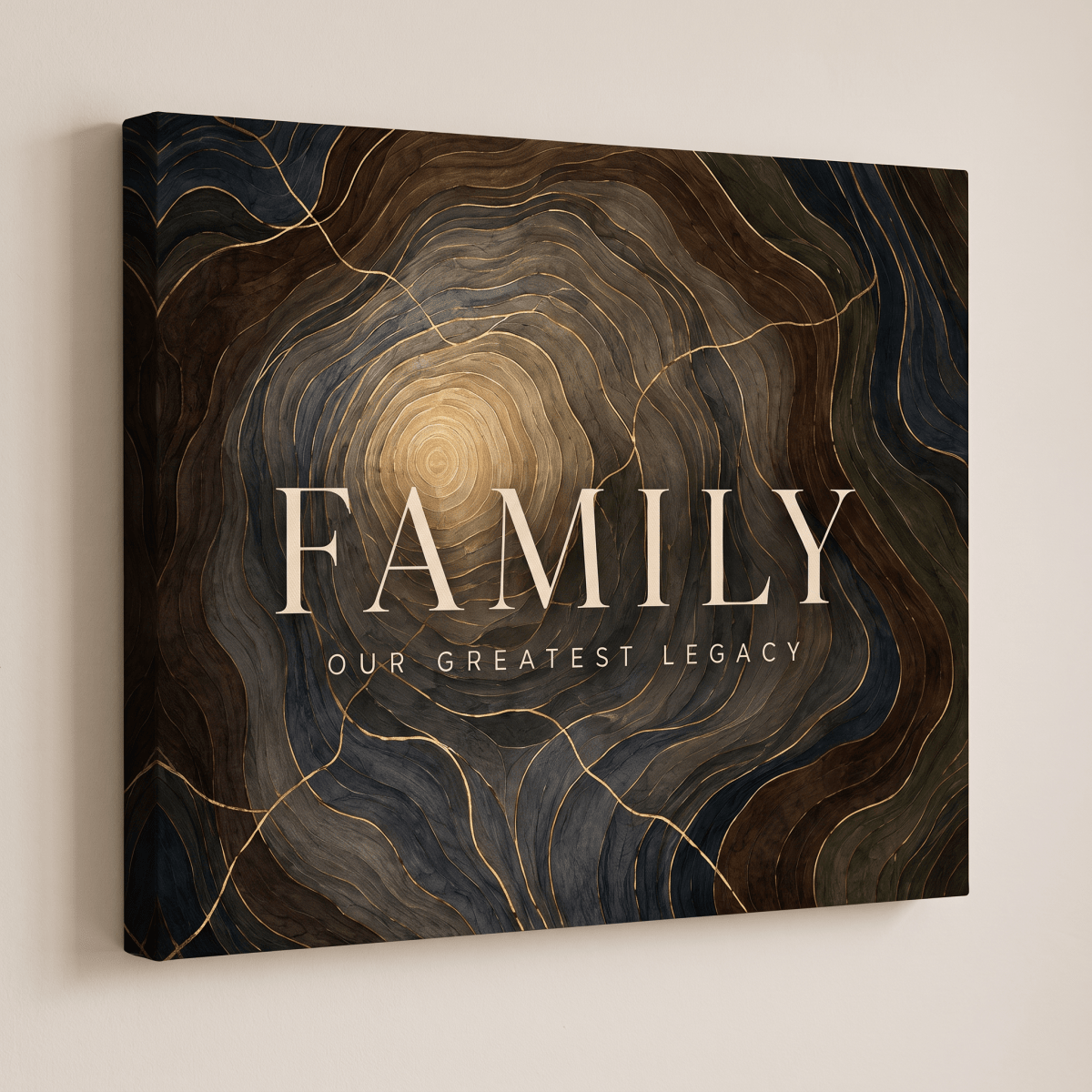 Family Our Greatest Legacy Wall Art – Modern Abstract Tree Ring Canvas in Gold, Navy & Charcoal