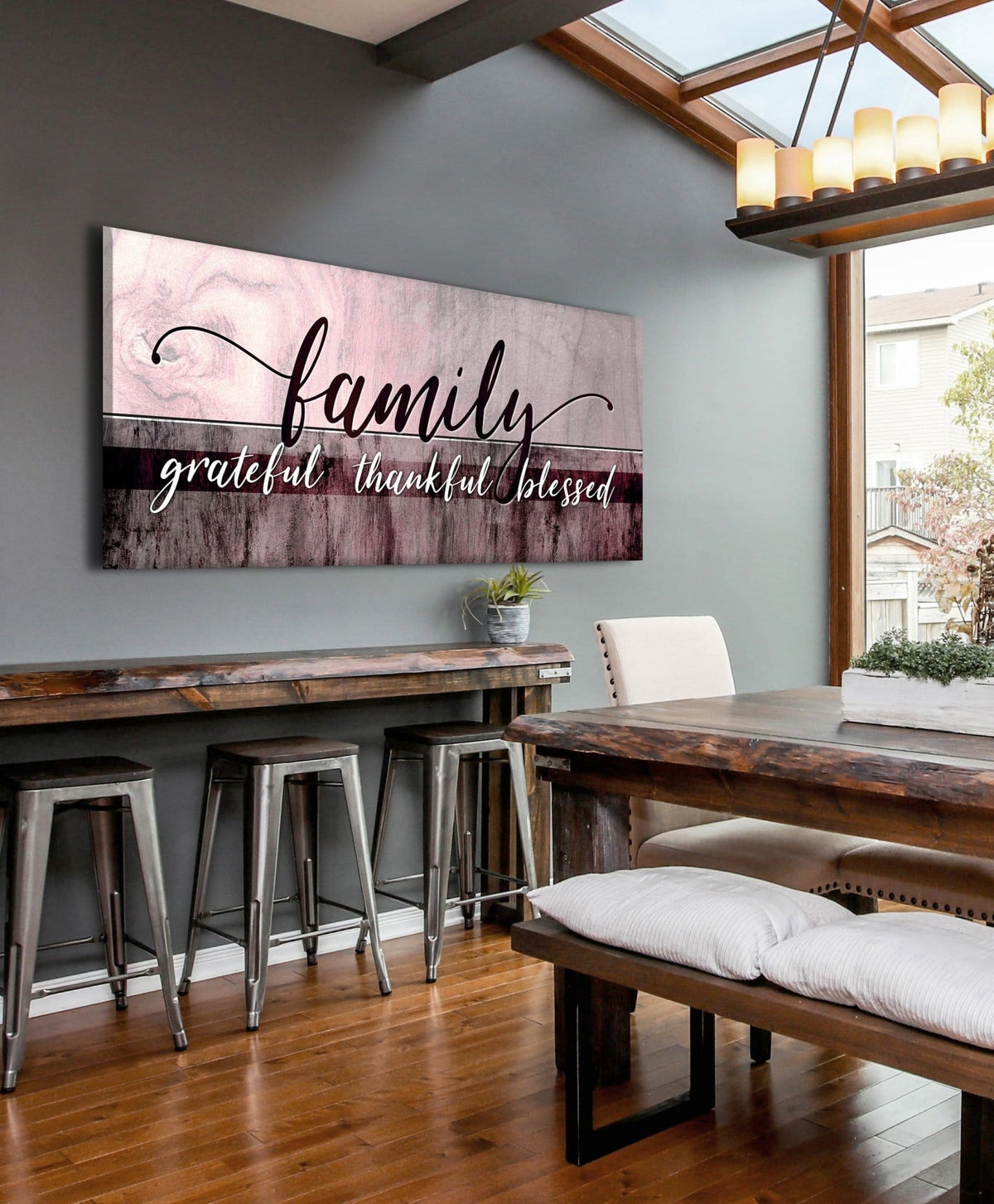 Family Wall Art: Family Grateful Thankful Blessed - Rustic Christian Canvas
