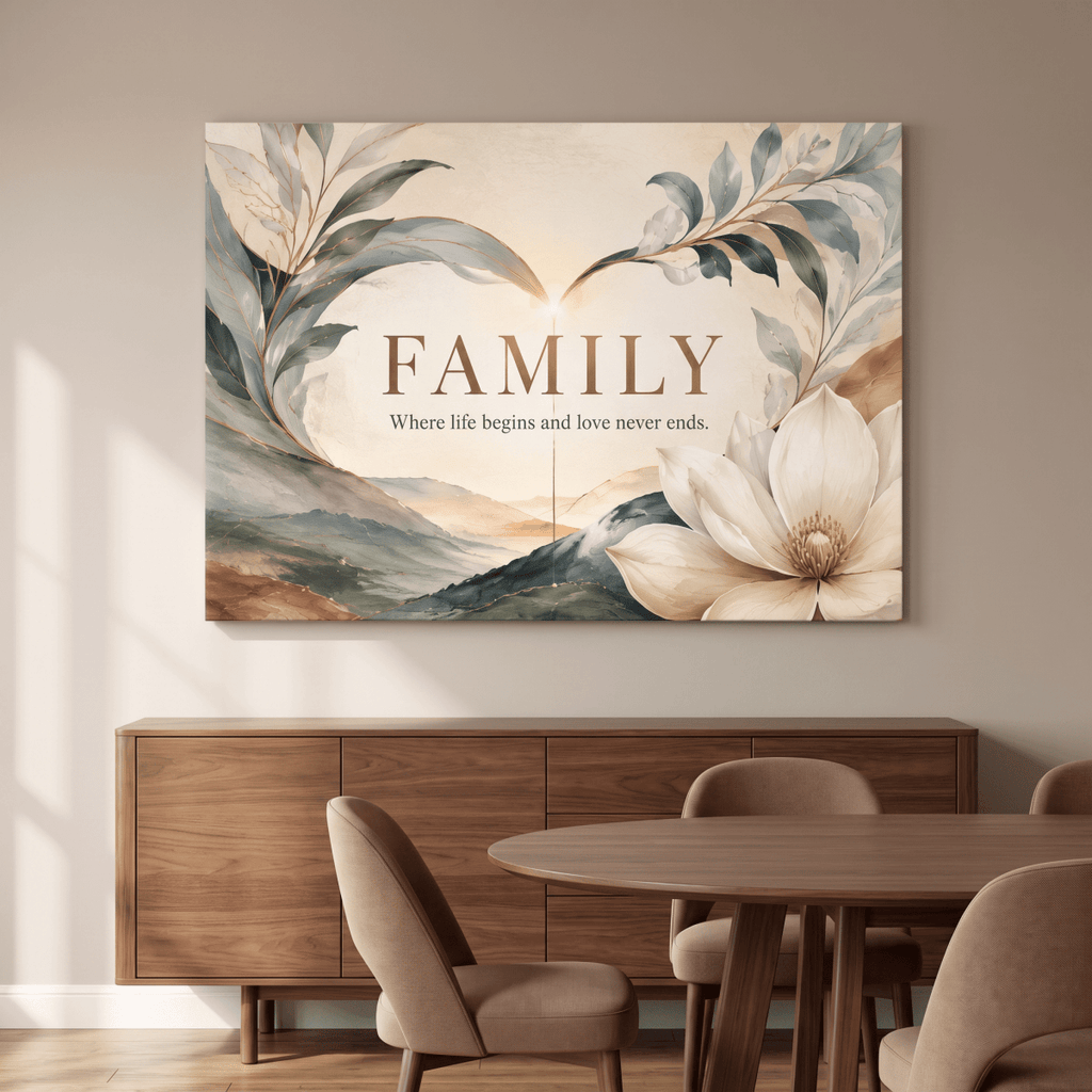 Family Wall Art – Where Life Begins and Love Never Ends | Watercolour Magnolia & Sunrise Canvas in Sage, Blue & Cream