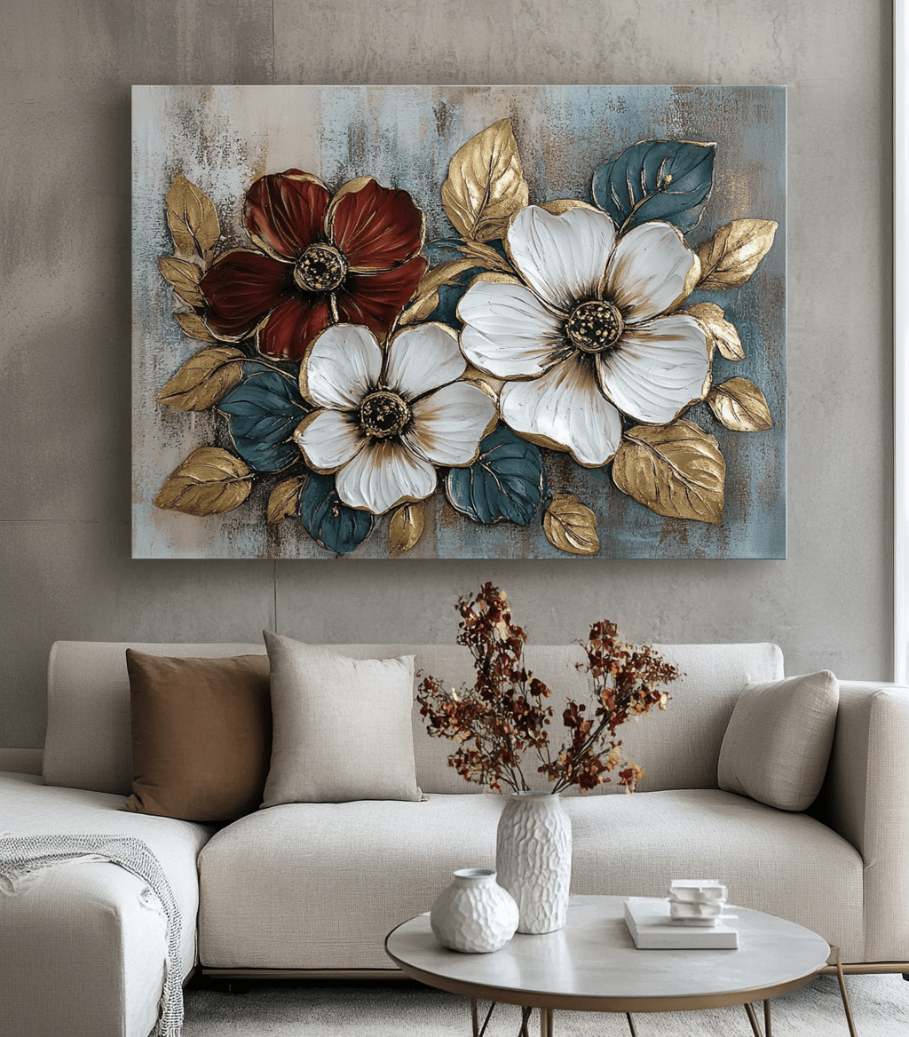 Floral Bloom Wall Art – Elegant Red and White Flower Canvas with Gold Leaves