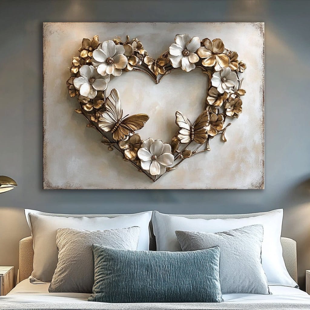 Floral Heart Wall Art with Butterflies – Romantic Canvas for Home Décor