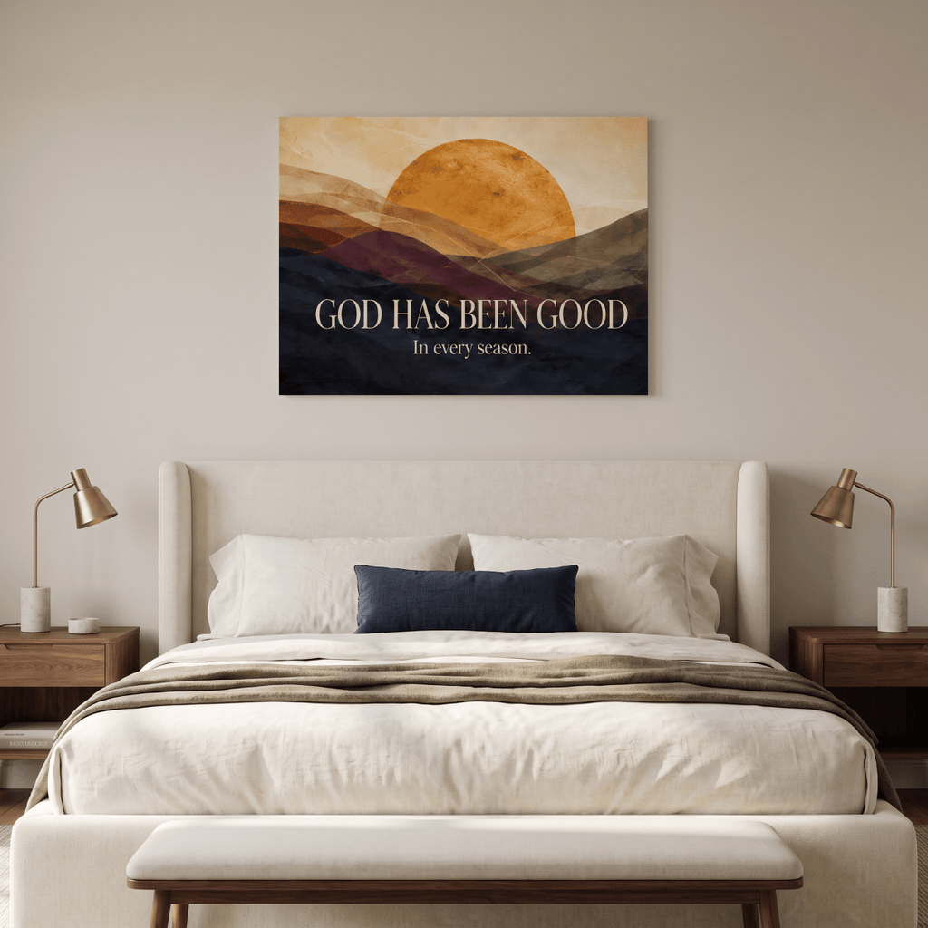 God Has Been Good In Every Season Wall Art – Golden Sunrise Mountain Christian Canvas, Modern Abstract Landscape for Living Room