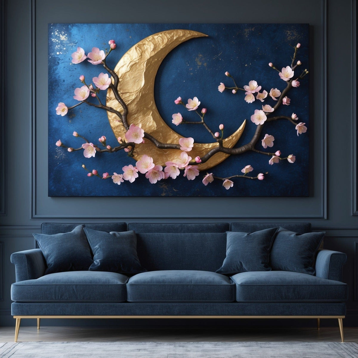Golden Crescent Moon & Cherry Blossom Wall Art Flat Canvas Print on Midnight Blue Beautiful