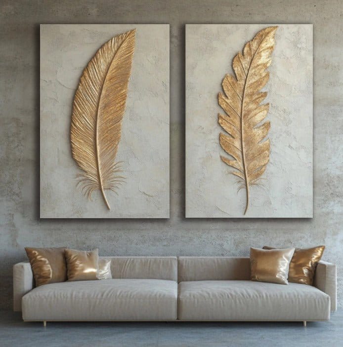 Golden Feathers Duo – Luxury Wall Art Canvas Set