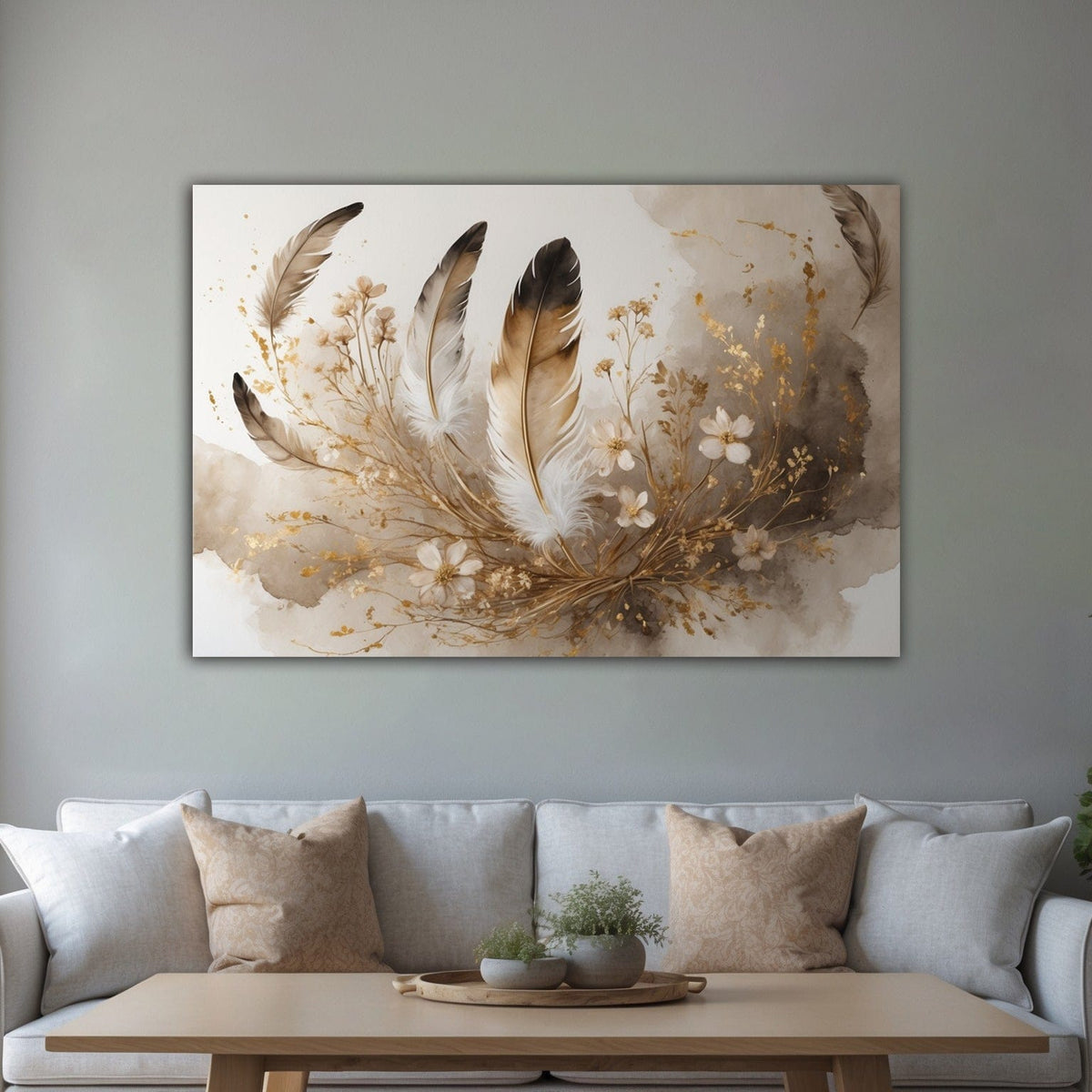 Golden Grace Feather & Floral Canvas Wall Art