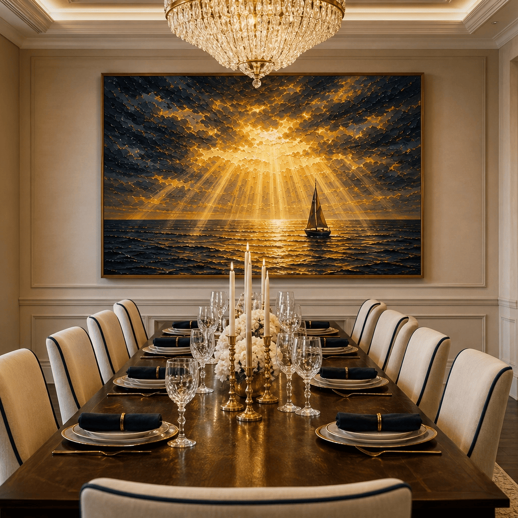 Golden Sailboat Seascape Wall Art | Stormy Ocean Canvas | Large Navy & Gold Statement Piece | Dramatic Coastal Painting