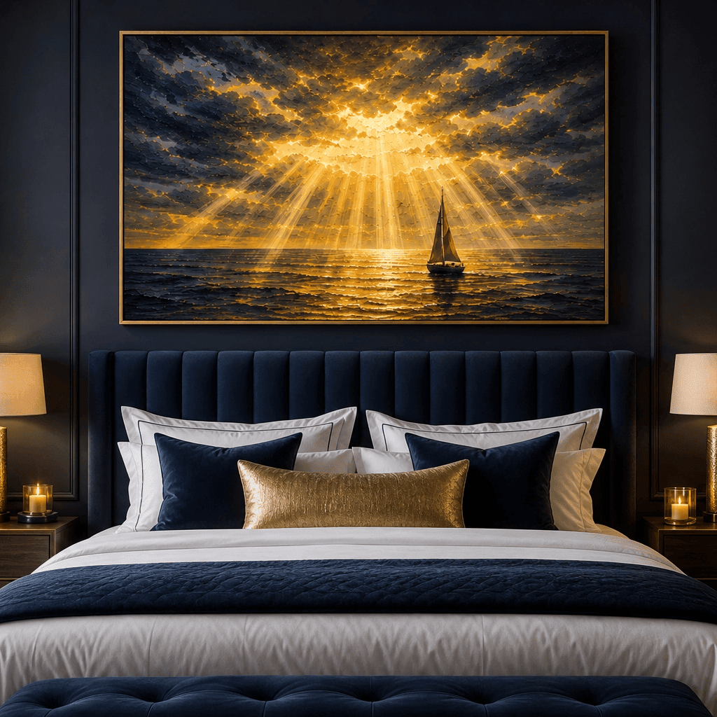 Golden Sailboat Seascape Wall Art | Stormy Ocean Canvas | Large Navy & Gold Statement Piece | Dramatic Coastal Painting
