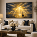 Golden Sailboat Seascape Wall Art | Stormy Ocean Canvas | Large Navy & Gold Statement Piece | Dramatic Coastal Painting