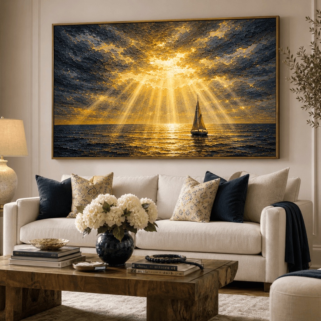 Golden Sailboat Seascape Wall Art | Stormy Ocean Canvas | Large Navy & Gold Statement Piece | Dramatic Coastal Painting